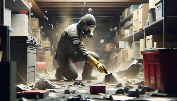 Individual wearing gloves and mask, clearing dusty, cluttered garage, emphasizing safety.