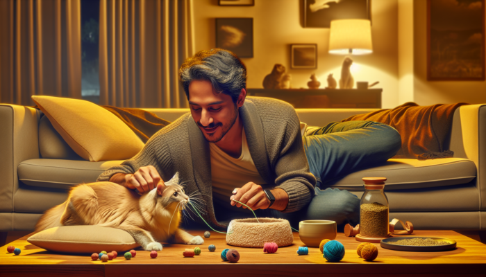 A person and cat playing with catnip toys in a warm living room, fostering their bonding experience.