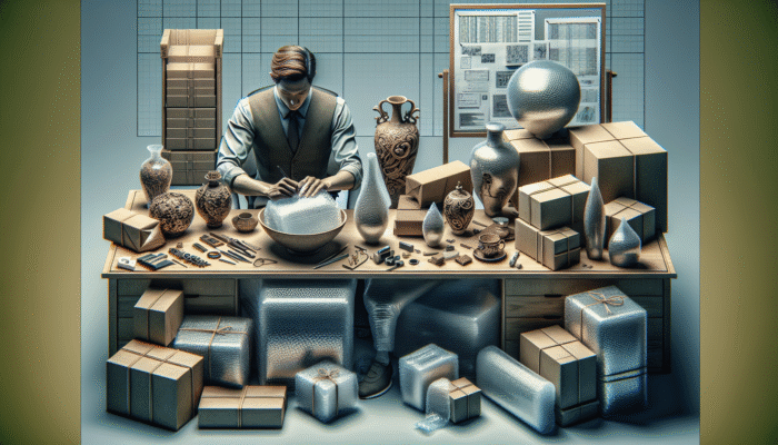 A person meticulously wrapping glassware and vases in bubble wrap, labelling packages in an orderly workspace.