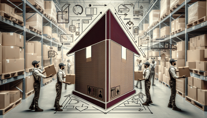 A cardboard box prominently displaying a bold "Fragile" label and "This Side Up" arrow in a busy warehouse.