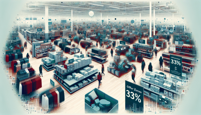 UK retail store clearance section featuring discounted apparel, electronics, and home goods with minor defects, marked down for expedited sales.