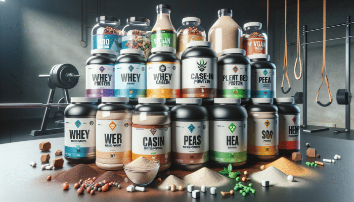 Assorted protein powders on a table: whey, casein, plant-based options, gym equipment, vegan symbols.