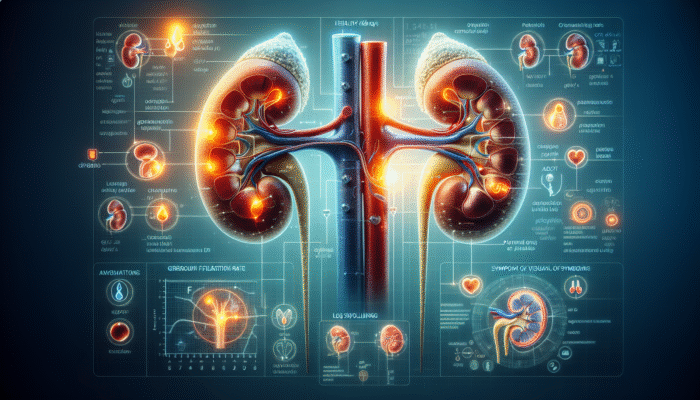 Illustration depicting kidneys with health indicators like GFR, creatinine, urine protein, and symptoms such as fatigue, leg swelling, and altered urination.