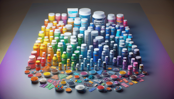 A vibrant assortment of electrolyte supplements in powders, tablets, and drinks on a table.
