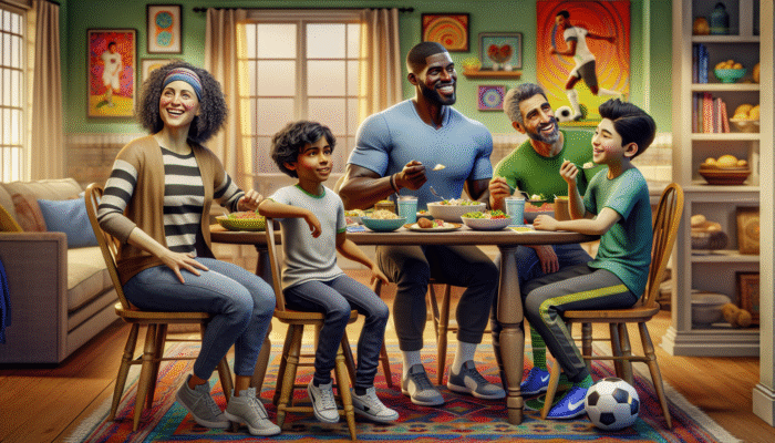 Protein in Family Fitness: A family enjoying a protein-rich meal post-soccer, looking happy and energetic in a cosy dining room.