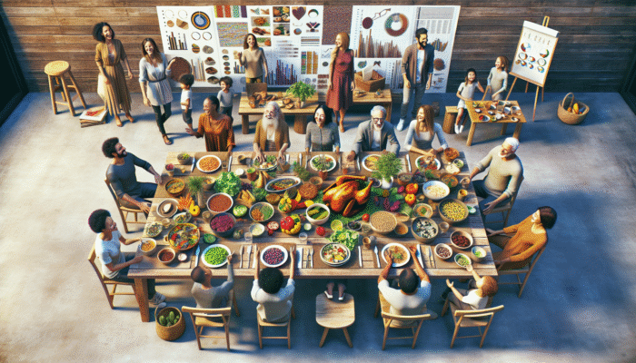 A colourful family dinner with protein-rich dishes like chicken, fish, and legumes on a rustic table.