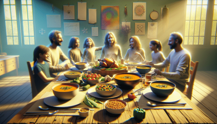 A vibrant family dinner with grilled chicken, colourful vegetables, lentil soup, and chickpea curry.