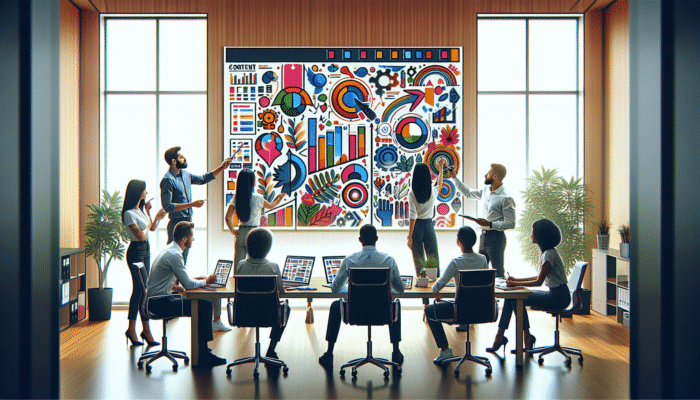 A digital marketing team strategising over a colourful content calendar in a modern office.