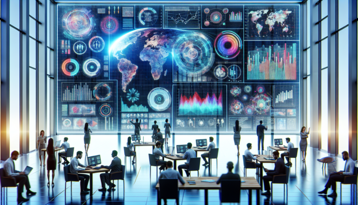 Modern office with professionals analysing strategic data insights on a large interactive screen.