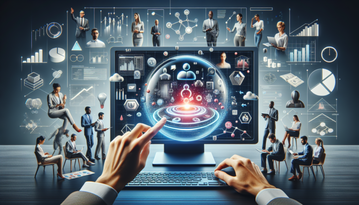 Digital workspace showcasing Google My Business on screen, with experts collaborating on strategies to enhance online visibility.