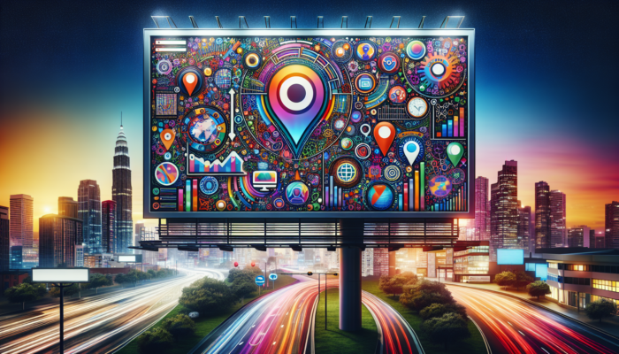 A dynamic digital billboard displaying "Boost Your Local SEO with Bing My Business" and SEO icons against a cityscape at dusk.