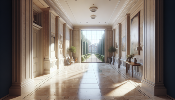 Sturdy travertine tiles in an elegant UK home hallway, showcasing natural stone texture and enduring aesthetic.