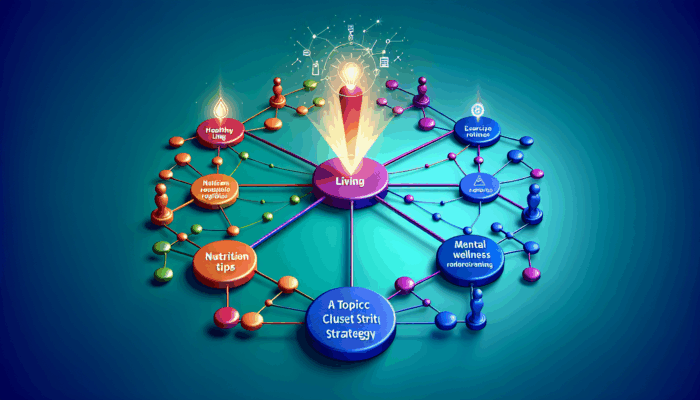 Creating Video Topic Clusters for SEO Success: A network diagram illustrating 'Healthy Living' connected to 'Nutrition Tips,' 'Exercise Routines,' and 'Mental Wellness' for SEO enhancement.