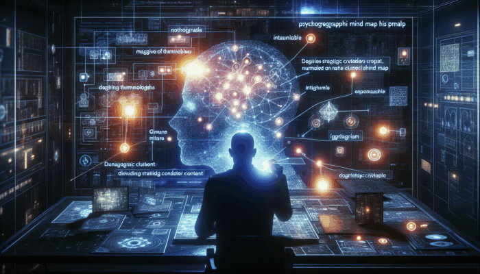 A person analysing a glowing mind map on a digital screen, surrounded by video thumbnails in a high-tech room.