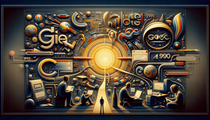 A timeline graphic showcasing the development of SEO from the 1990s to the early 2000s, highlighting significant events such as Google's launch in 1998 and key algorithm updates.