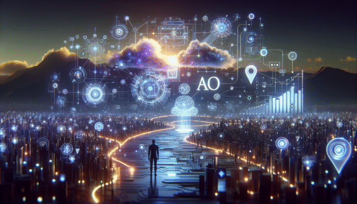 A futuristic digital landscape showcasing AI enhancing SEO through vibrant data streams and interconnected nodes.
