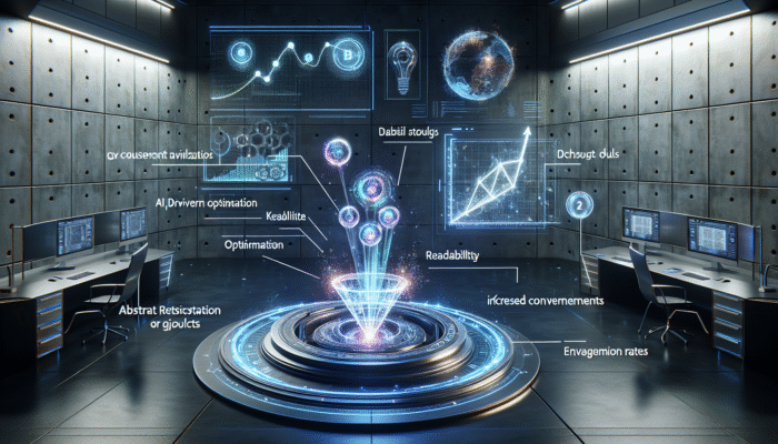 A futuristic workspace showcasing AI-driven SEO analytics on a screen, surrounded by tools analysing content for optimisation and engagement.