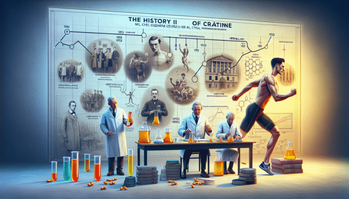 A timeline illustrating the historical journey of creatine from its discovery in 1832 to the pivotal study in 1992, accompanied by imagery related to athletics and scientific research.