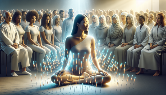A calm Asian woman receiving acupuncture, surrounded by glowing needles, with a diverse crowd observing.