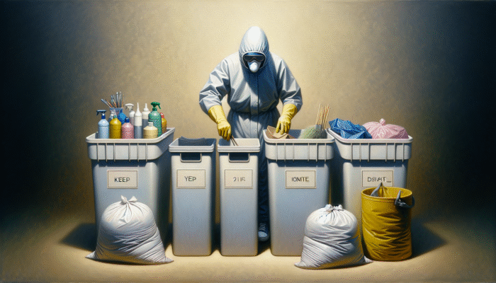 Person wearing gloves and mask, sorting items into labelled bins, surrounded by cleaning supplies and bags.