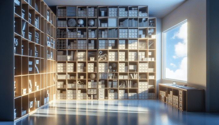 A serene room with neatly organised shelves and labelled boxes, showcasing a systematic arrangement of personal belongings in soft light.