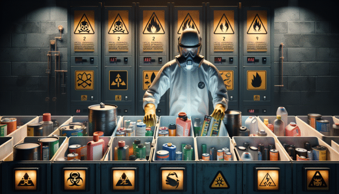 Person in protective gear sorting hazardous materials into labelled containers at recycling centre, following safety guidelines.