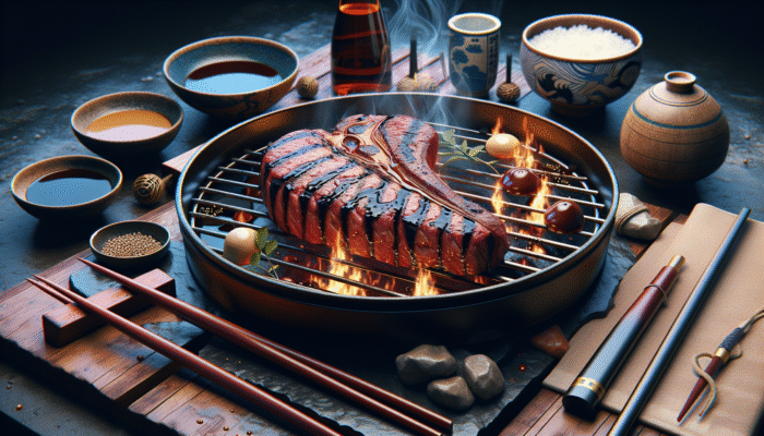 Flank steak marinated in Yamasa soy sauce, grilled, enhancing natural flavours with umami, on a Japanese BBQ.