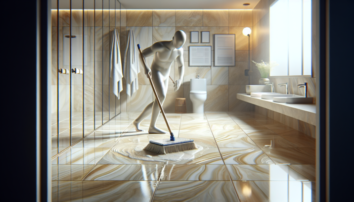 Individual rinsing travertine tiles with a mop and warm water in a bathroom, ensuring cleanliness and shine.