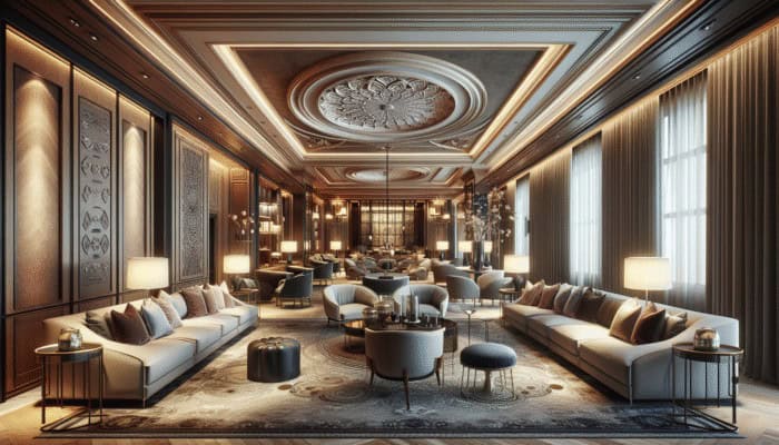 Sophisticated interior of Franklin Lounge Delano featuring high ceilings, plush sofas, and inviting seating in rich tones and soft accents.