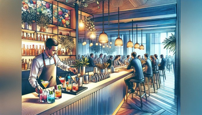 Skilled mixologists at Franklin Lounge Delano crafting vibrant, unique cocktails with seasonal ingredients.