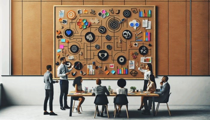 A dynamic creative workspace featuring a planning board and team members brainstorming video content strategies.