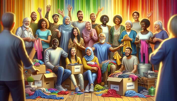 A diverse group donating items to a local charity, promoting community support and sustainability.