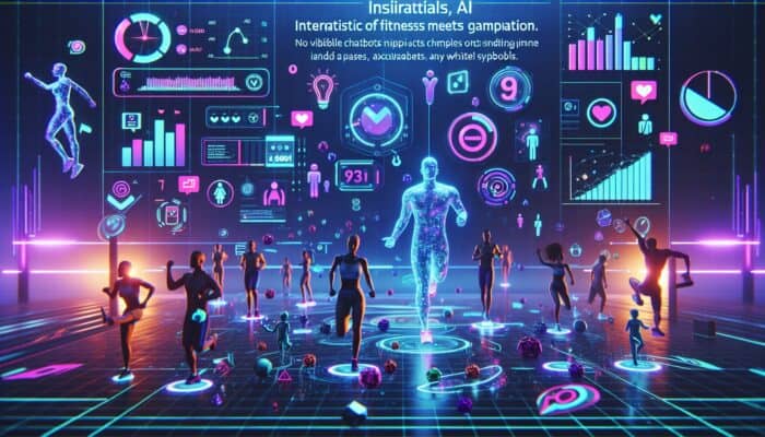 A futuristic fitness video interface showcasing points, badges, leaderboard, animated avatars, and AI chatbots within a vibrant digital environment.