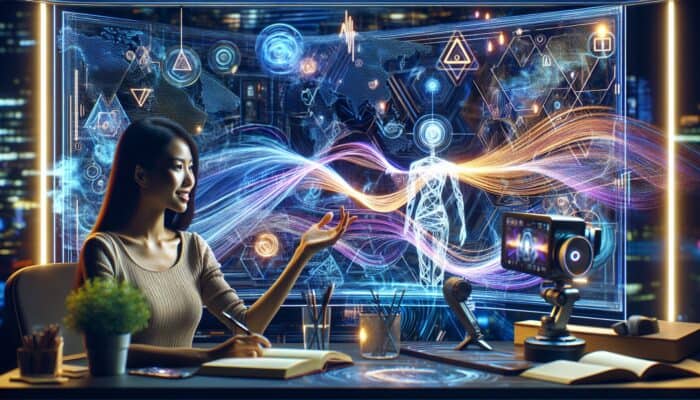 AI chatbot on screen generates scripts for travel vlogger in a futuristic studio equipped with maps and tools.