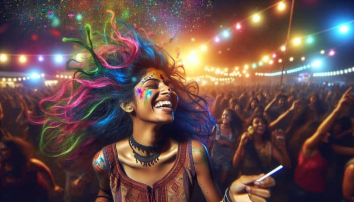 Person with vibrant, multi-colored hair at a festival, laughing and dancing amidst colourful lights and crowd.