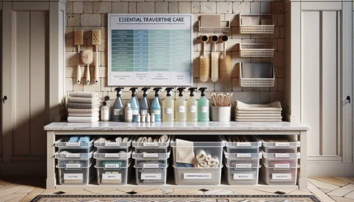 Well-organised cleaning station in a UK home showcasing travertine care essentials such as cleaners, brushes, and cloths on a travertine floor.