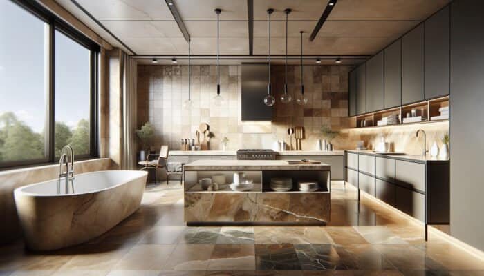 Modern UK kitchen and bathroom showcasing honed, tumbled, and polished travertine tiles in warm earth tones.