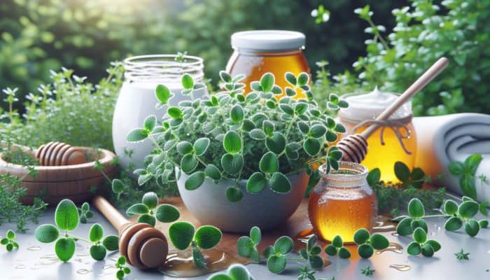 Fresh thyme leaves with dew, honey, and yogurt jars in a lush UK garden, symbolising youthful skincare.
