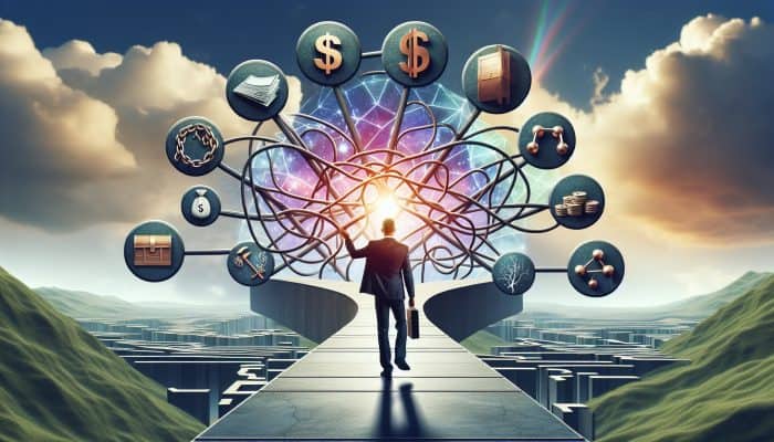 Essential Terms in Debt Consolidation: A Resourceful Guide | DCL A person confidently navigating a clear path through a complex financial landscape with labeled signposts under a bright sky.