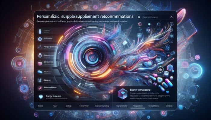 A futuristic AI interface showing personalised energy-enhancing supplement recommendations based on user data and search patterns.