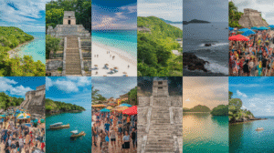 A collage of 12 photos showcasing beaches, ancient stone ruins, lush green landscapes, ocean vistas, vibrant festival scenes with market stalls, boats on water, and people on sandy shores beneath blue and cloudy skies—ideal for a Belize travel guide.