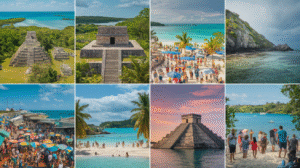 A collage of eight images depicting ancient Mayan ruins, busy beaches, clear turquoise waters, a vibrant marketplace with colourful umbrellas, tourists enjoying themselves, and lush tropical landscapes under the sunny and occasionally cloudy skies of Belize.