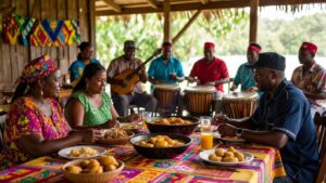 A group of individuals enjoying a meal at a vibrant table filled with various Garifuna foods and drinks, while musicians in colourful clothing perform with drums and guitars, capturing the lively spirit of Garifuna culture in an outdoor setting.