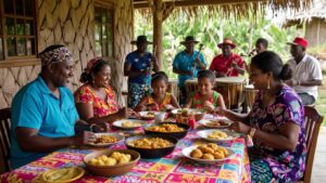A family enjoying Garifuna food together around a colourful table outdoors in Belize, with musicians playing drums and other instruments under a thatched roof, reflecting the vibrant Garifuna culture.