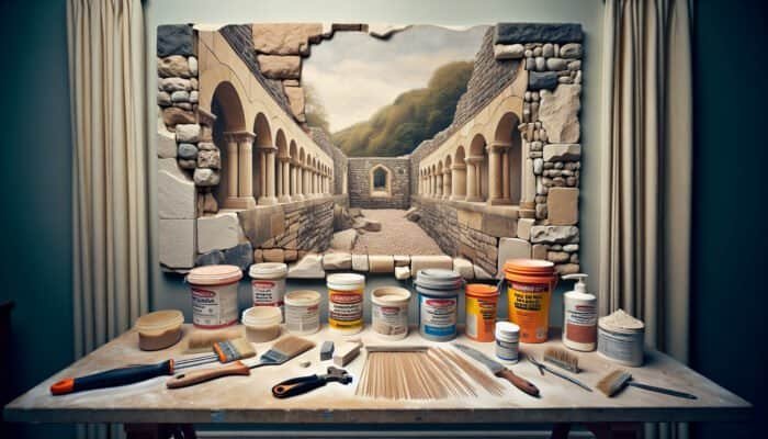 Variety of high-quality travertine hole repair fillers showcased on a workbench in the UK, featuring diverse types and textures, with a partially repaired wall in the background.