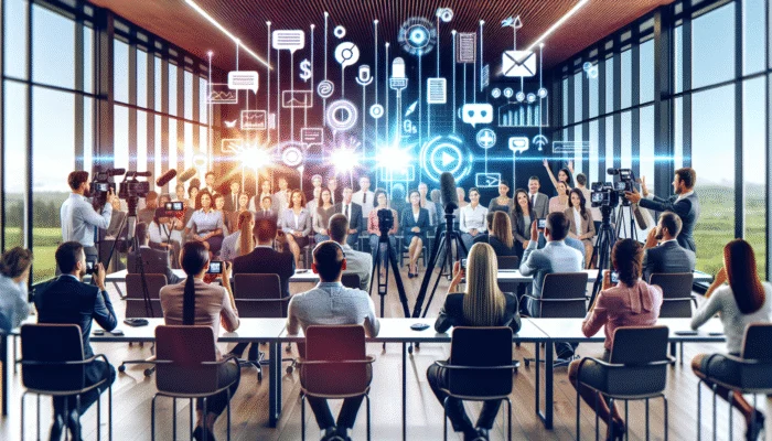 A diverse group of clients delivering glowing testimonials in a contemporary office equipped with digital recording tools.