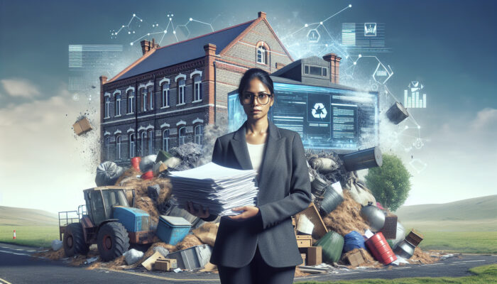 Individual holding council permits outside a house filled with bulky items and hazardous waste, with a UK town hall visible in the background.
