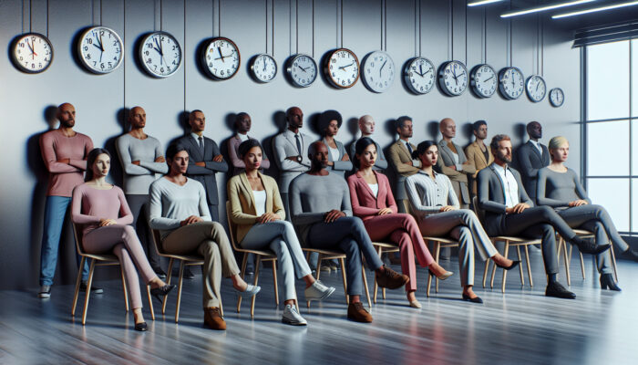 Diverse group waiting in an office with permit applications while clocks show different times.