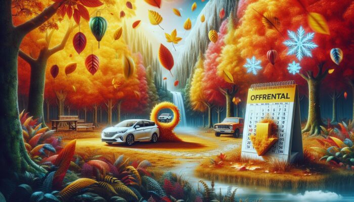 A serene autumn landscape featuring a car rental office, colourful falling leaves, and a calendar indicating off-peak seasons.
