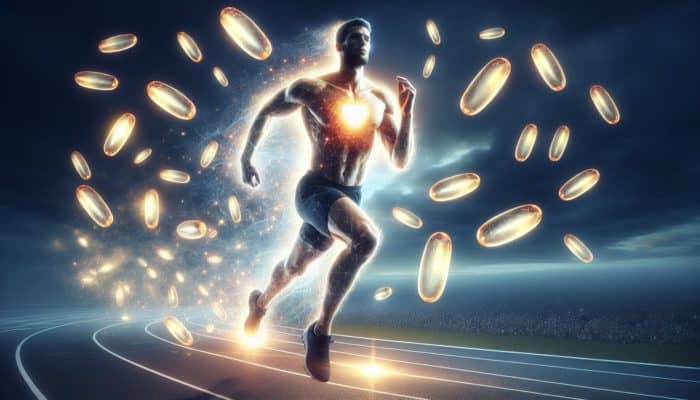 Athlete running effortlessly with a glowing heart, surrounded by omega-3 capsules, symbolising endurance and a lower resting heart rate.